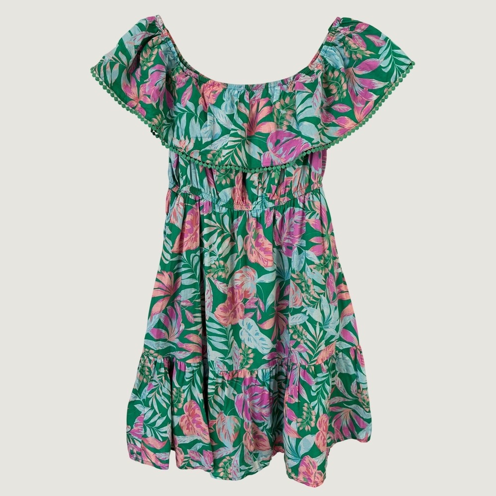 Terra & Sky Tropical Floral Off Shoulder Ruffle Mini Dress Green Pink 0X 14W